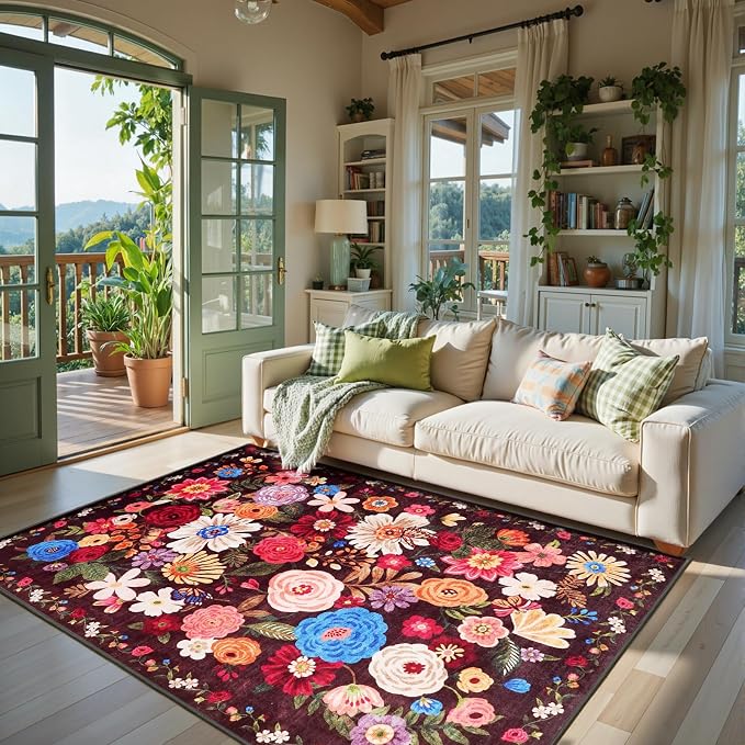 Area Rug 4x6 Espresso, Washable Boho Rugs Non Slip Low Pile Floral Small Carpet by WelcometoBabovid