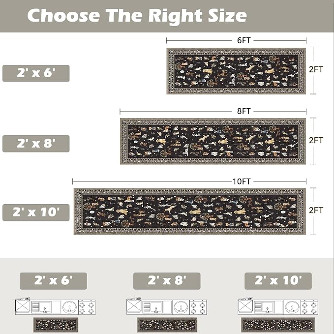 Floral Dog Hallway Runner Black Carpet Non-Slip, 2x10 Washable Rug Ultra-Thin - Image 2