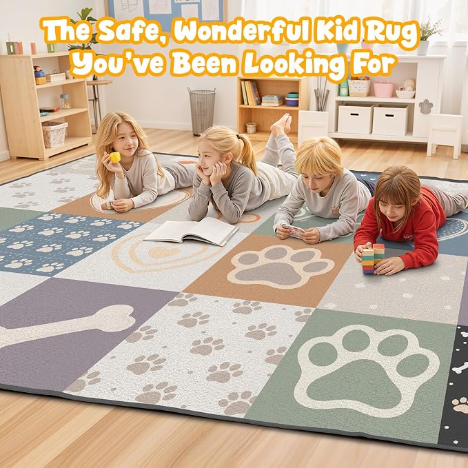 Preschool Classroom Rug 5x7, Paw Print Low Pile Kids Area Rug - Image 6