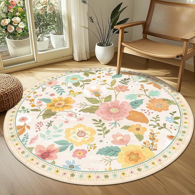 RELEANY Floral 4ft Area Rugs Washable Print Boho Cute Carpet Non Slip Flower - Image 9