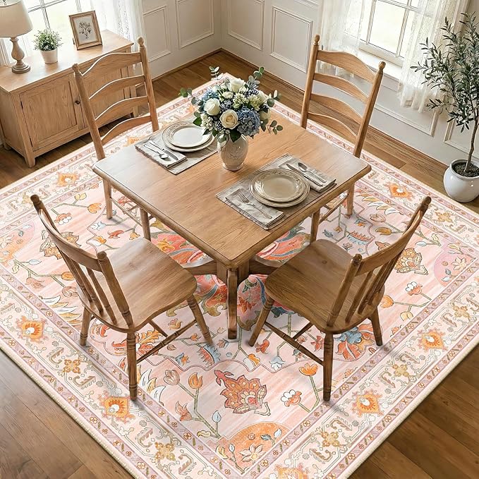 RELEANY Area Rugs Square 8ft Washable Non-Slip, Floral Vintage Distress - Image 2
