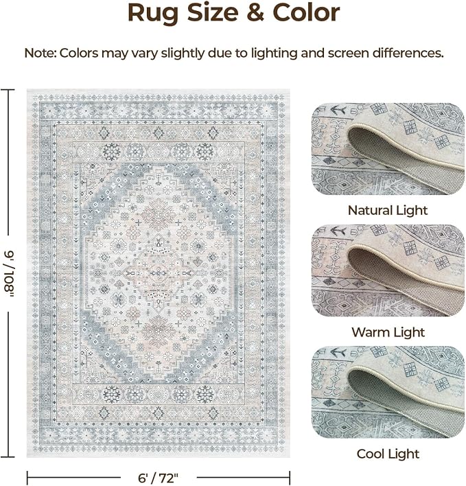 6x9 Washable Area Rugs, Large Living Room Rug, Vintage Boho Carpet, Non Slip - Image 2
