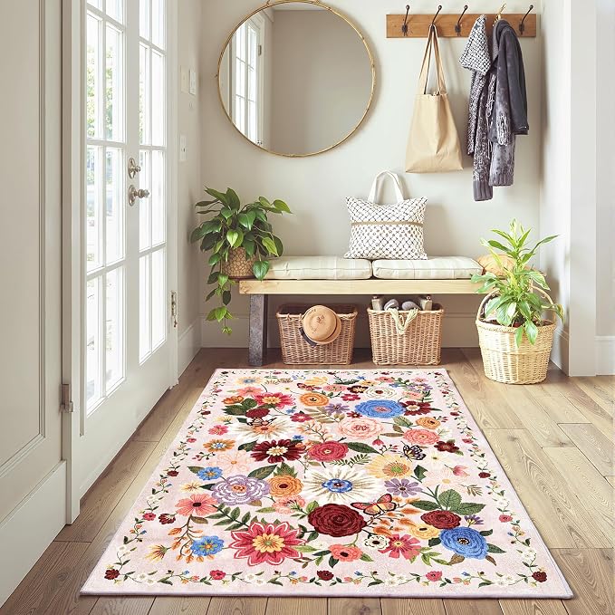 Blush Floral Machine Washable Rug, 3x5 Rug Non Slip Soft Bedroom Rugs - Image 2
