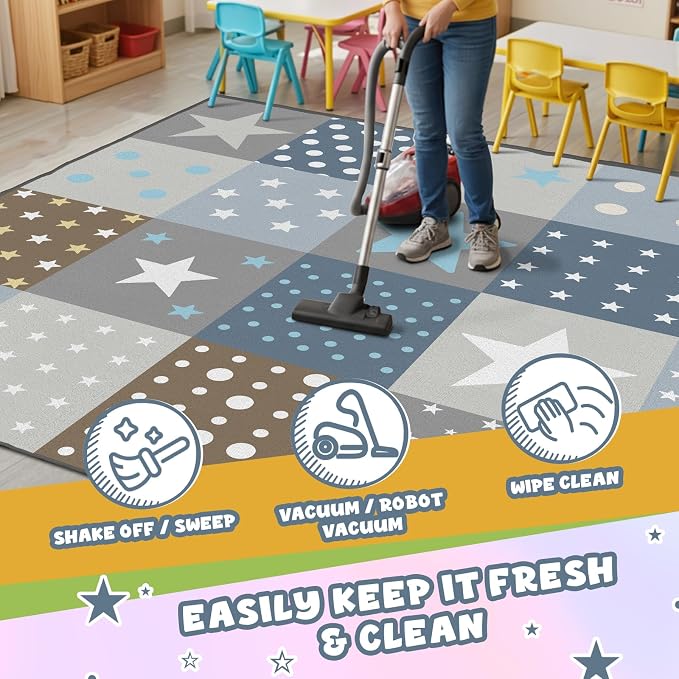 Preschool Classroom Rug 5x7, Star Print Low Pile Kids Area Rug - Image 5