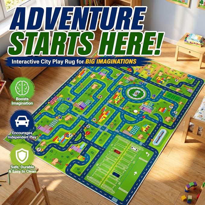 yongjoy Car Rug Road Map Area Rug, Colorful Car-Themed Design, Soft Low-Pile - Image 9