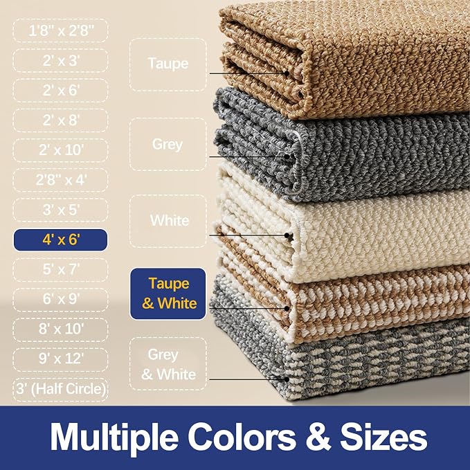 Faux Jute Area Rug 4'x6', Washable & Non-Slip, Taupe & White | 0.27" Low Pile - Image 6