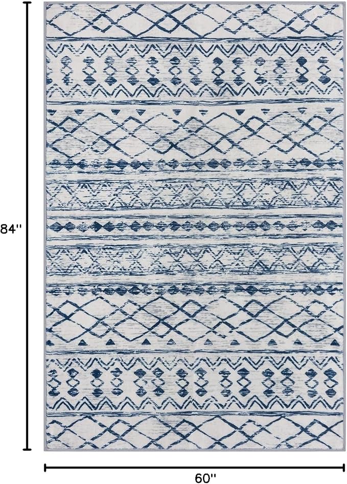 KUTA Area Rug 5x7, Moroccan Large Blue White Rugs Washable Boho Non-Slip - Image 2