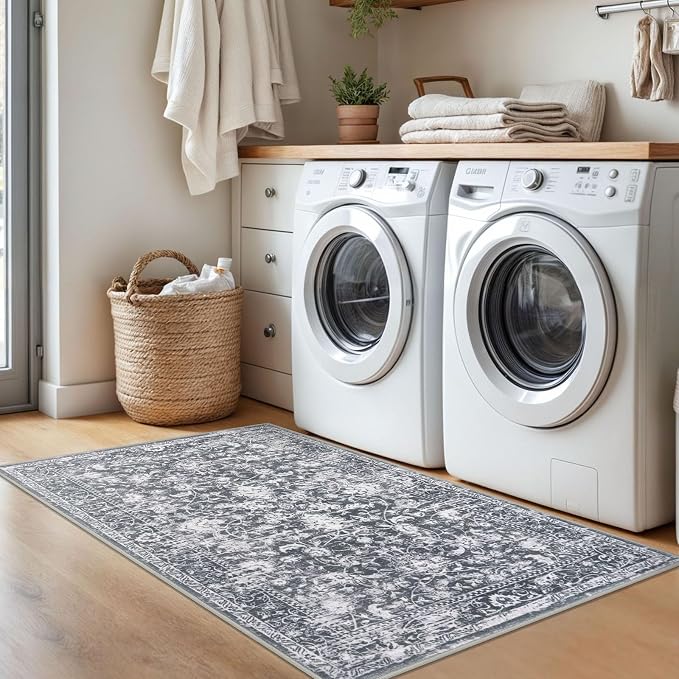 KILOCOCO Area Rug 3x5 Entryway Rug Washable Printed Vintage Floral Rubber - Image 3