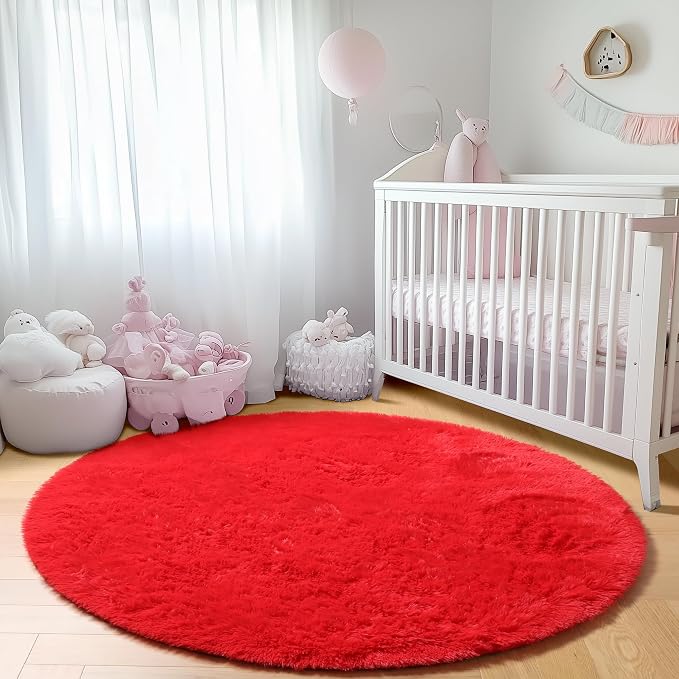 ONASAR Red Round Rugs 5ft for Bedroom Living Room, Fluffy Circle Area Rug for - Image 7