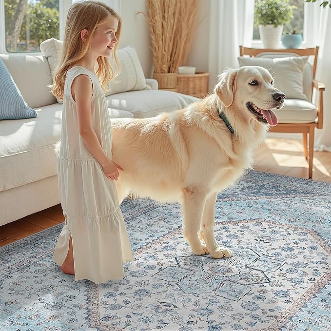 DCX Machine Washable Blue and Beige Area Rug 6x9, Non Slip Stain Resistant - Image 3