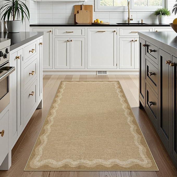 LIVEBOX Scalloped Washable 3x5 Outdoor Rug, Easy Jute Geometric Tan Rug - Image 2
