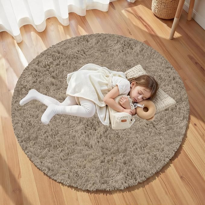 Gray Camel Round Fluffy Rug 5ft, Soft Bedroom Circle Rugs Mats - Image 5