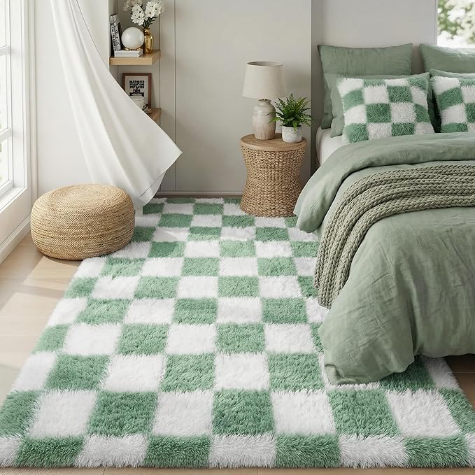 KICMOR Rugs for Bedroom Living Room, 3x5 Fluffy Soft Checkered Shag Area Rug by KICMOR