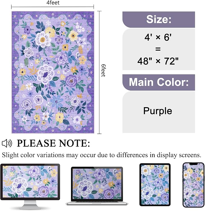 DUKINO 4x6 Area Rug, Lightweight Non Slip Washable Floral Rug, Indoor Low Pile - Image 2