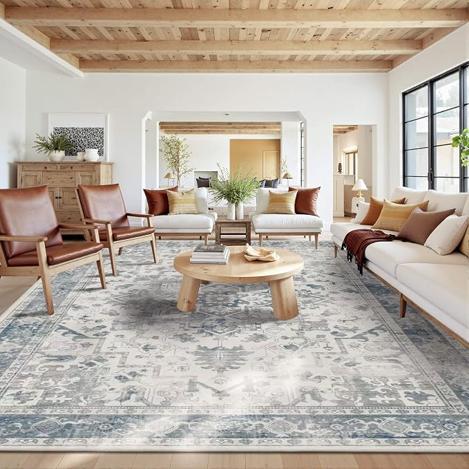 Rugxara 10x14 Extra Large Washable Area Rug, Soft Neutral Vintage Boho Rug by Rugxara