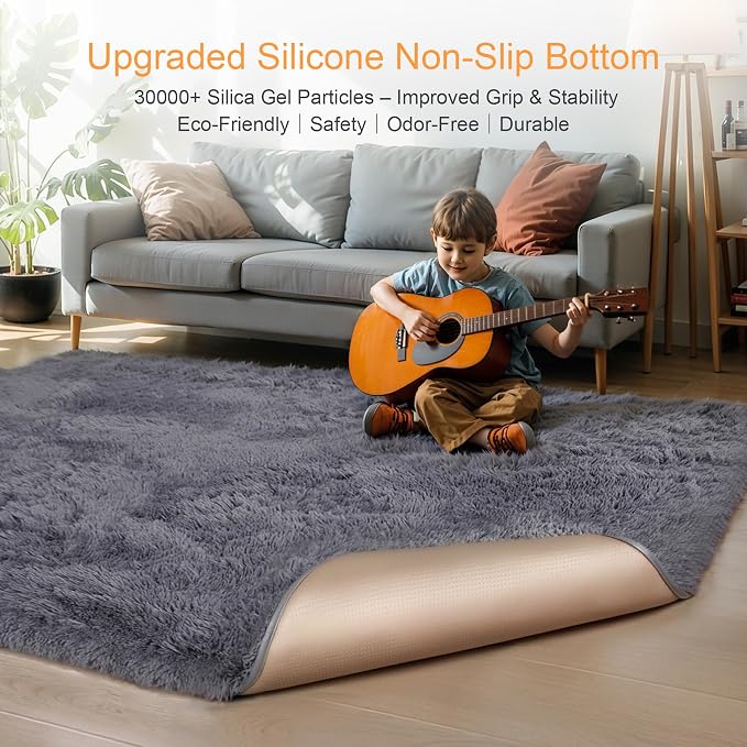 KICHOWUA Thick Area Rug Grey Fluffy 4x6 - Image 4