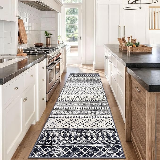 KUTA Moroccan Kitchen Rugs 3x8, Non-Slip Vintage Black Navy Blue Boho Hallway - Image 2