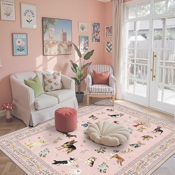 Area Rug 4x6 Pink Rug, Washable Dog Rugs Non Slip Low Pile Floral Small Carpet - Image 2