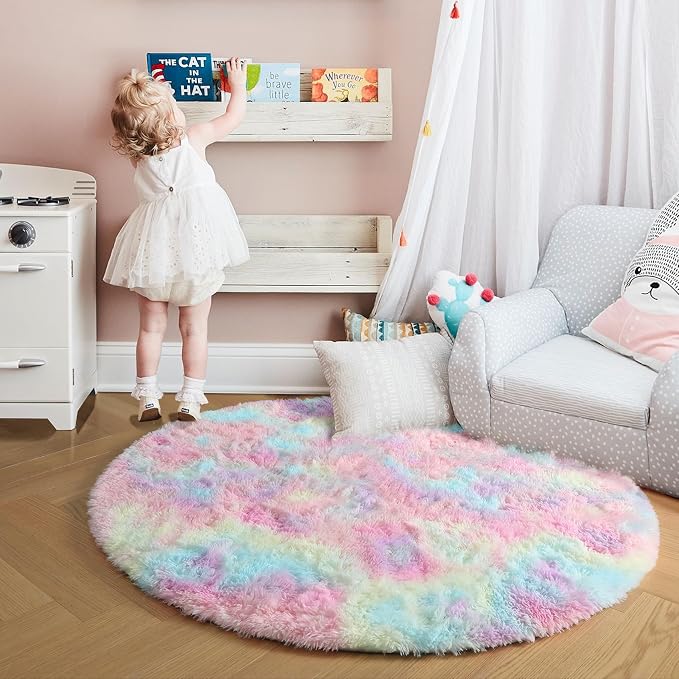 Amdrebio Rainbow Fluffy Round Rug 4Ft Kids Rugs - Image 9