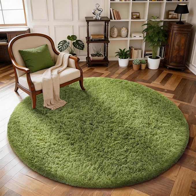 Ophanie Round Rug 5Ft Green Circle Area Rug, Fluffy Fuzzy Bedroom Carpet by Ophanie