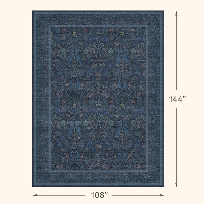 9x12 Vintage Big Floor Rugs for Living Room, Machine Washable Soft Dark Blue - Image 2