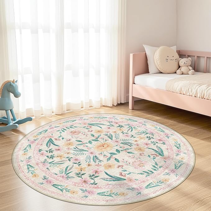 Round Boho Nursery Rug 8ft Pink Floral – Soft Washable Circle Rug - Image 6