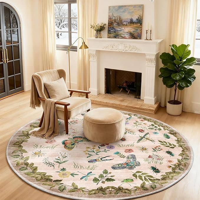 Washable Round Rugs for Bedroom 4ft: Living Room Rug Stain Resistant Non Slip by palohom