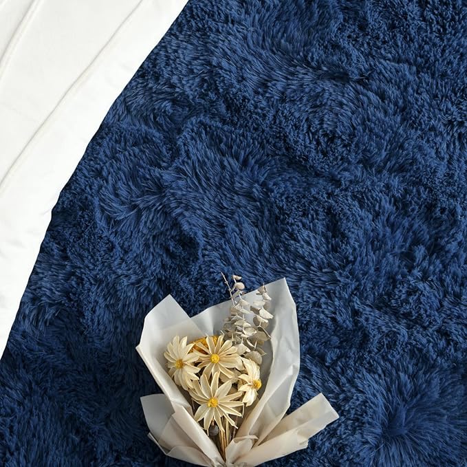 FlyDOIT Large Area Rugs for Living Room, 5x8 Feet Navy Blue Shaggy Rug Fluffy - Image 5