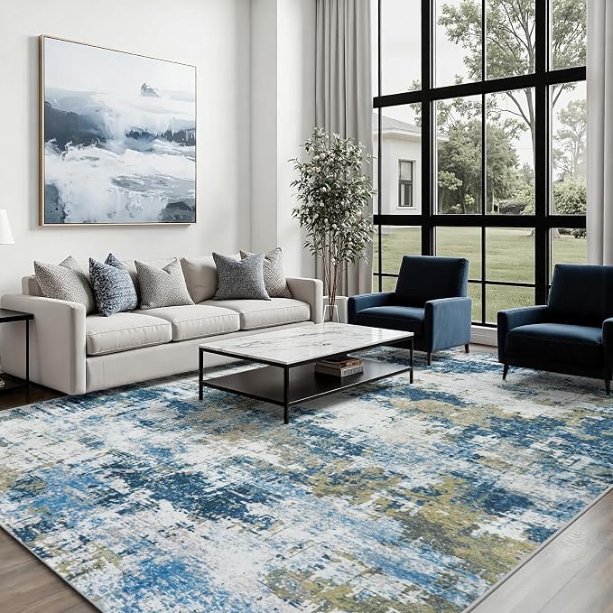 5x8 Area Rugs for Living Room Washable: Abstract Soft Thin Low Pile Blue Rug - Image 3