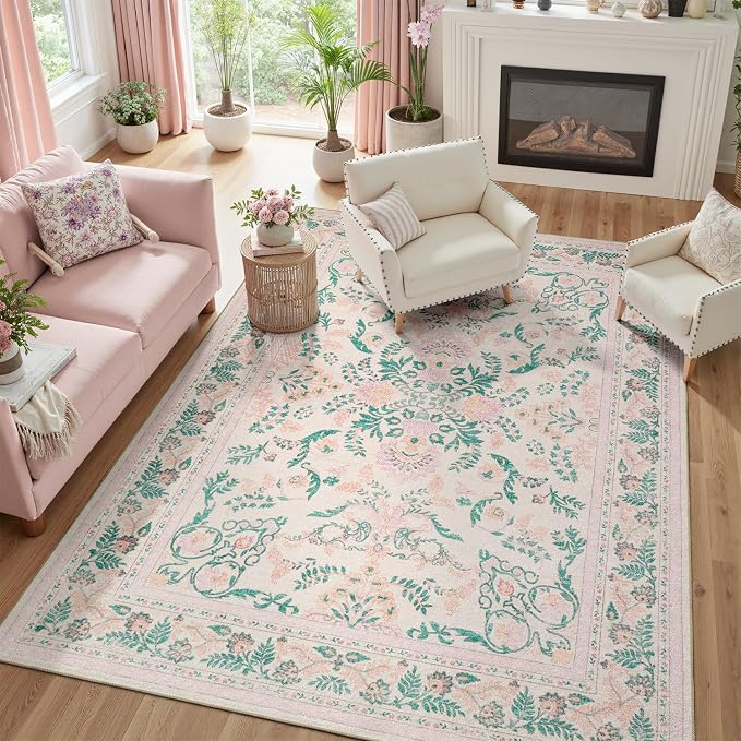 DCX 6x9 Pink Rug, Floral Rug for Girl’s Bedroom, Cute Soft Low Pile Non Slip - Image 6