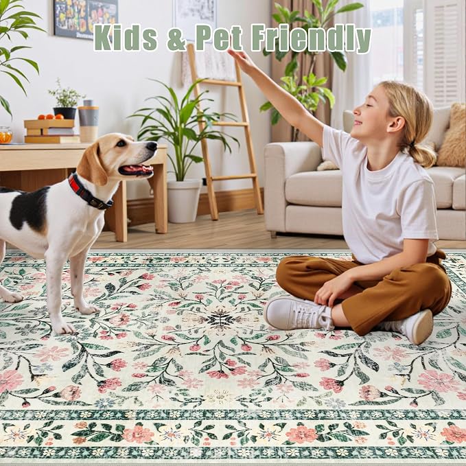 Round Area Rug for Living Room: 8 ft Floral Washable Circle Rug Soft Boho - Image 6