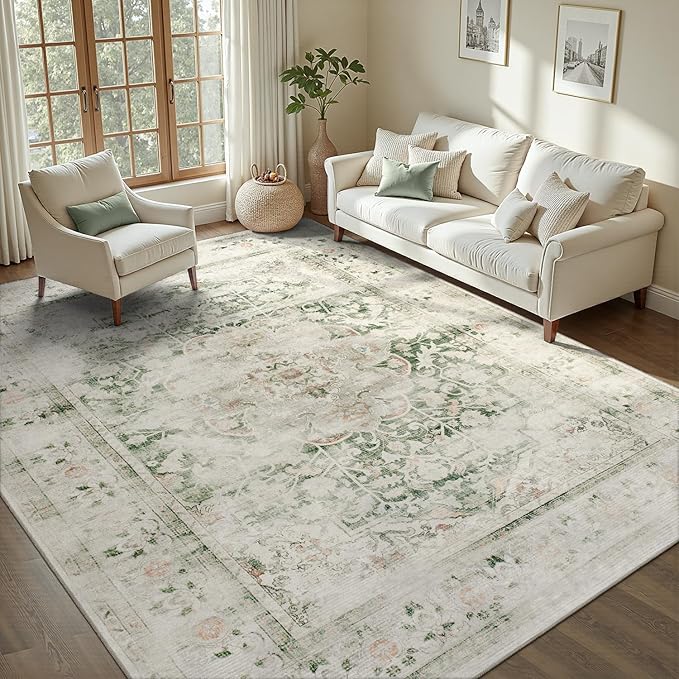 DCX 9x12 Green Rug, Machine Washable Stain Resistant Distressed Vintage Rug - Image 3