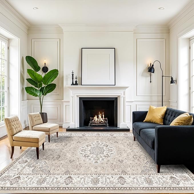 Living Room 8ft Square Area Rug: Machine Washable Large Vintage Soft Rug Stain by HYHAOYUNLAI