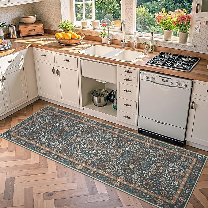 jinchan Zenith Floral Runner Rug 2x6 Washable Kitchen Runner Non-Slip Low-Pile - Image 9