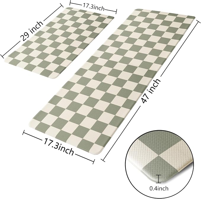 Beige Sage Checkered Grid Checkerboard Kitchen Rug Sets, Anti-Fatigue, - Image 4