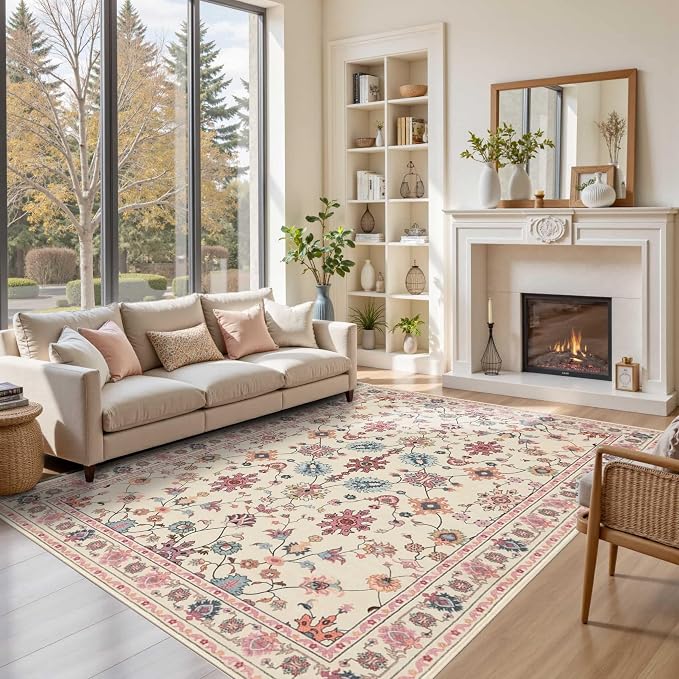 Rugxara Pink Rug for Living Room Bedroom, Floral 6x9 Washable Rug, Vintage Boho by Rugxara