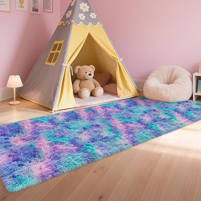 2x8 Ft Purple Rainbow Rug for Girls Bedroom Bedside Runner, Soft Fluffy Rugs - Image 3