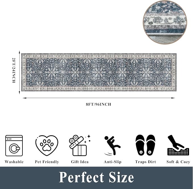 2x8ft Washable Non Slip Kitchen Rugs – Boho Floral Stain-Resistant Low-Pile - Image 2