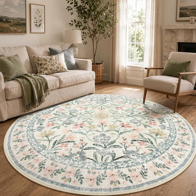 Wonnitar Round Washable Rug, Soft Floral Round Rugs 5ft Circle Carpets by Wonnitar