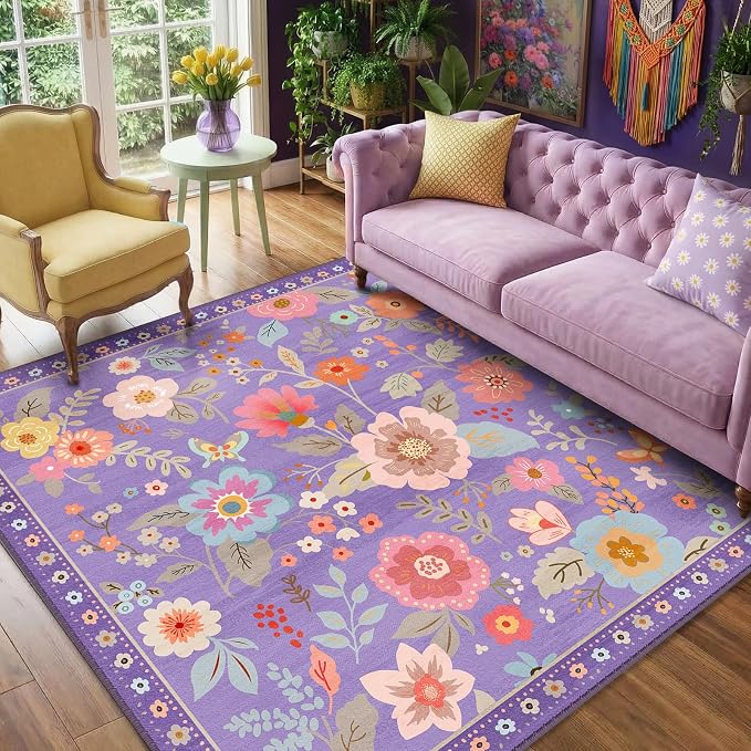 RELEANY Floral Square 4ft Area Rugs Washable Print Boho Cute Carpet Non Slip - Image 8