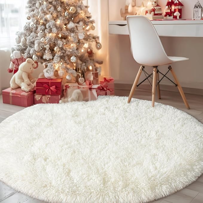 Round White Rug for Bedroom, 4 ft Circle Area Rugs for Living Room, Soft Fluffy by WISHTREE