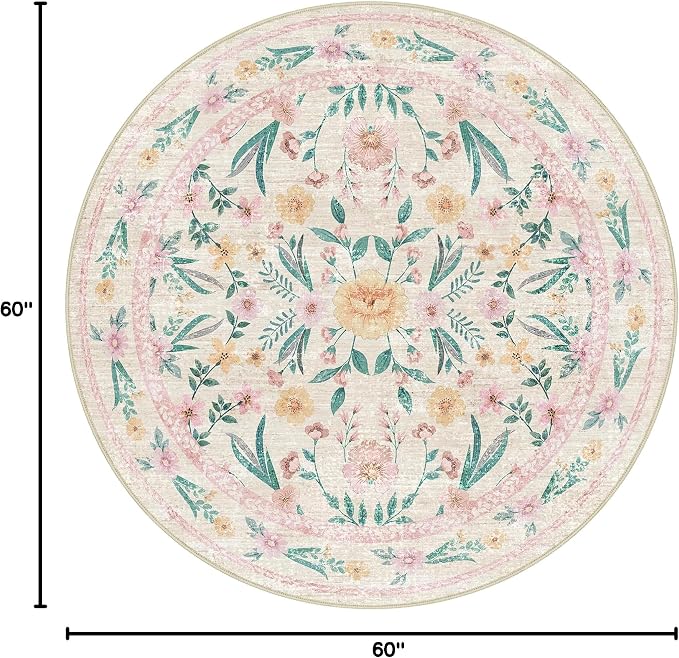 Pink Floral Round Rug 5ft, Washable Boho Circle Area Rug - Image 2