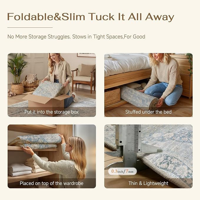 2x8 Washable Neutral Runner Rug Blue Vintage Hallway Kitchen Carpet Non-Slip - Image 7