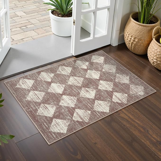 Lahome Checkered Bathroom Rug 2x3 Beige, Non Slip Washable Door Kitchen Mat by Lahome