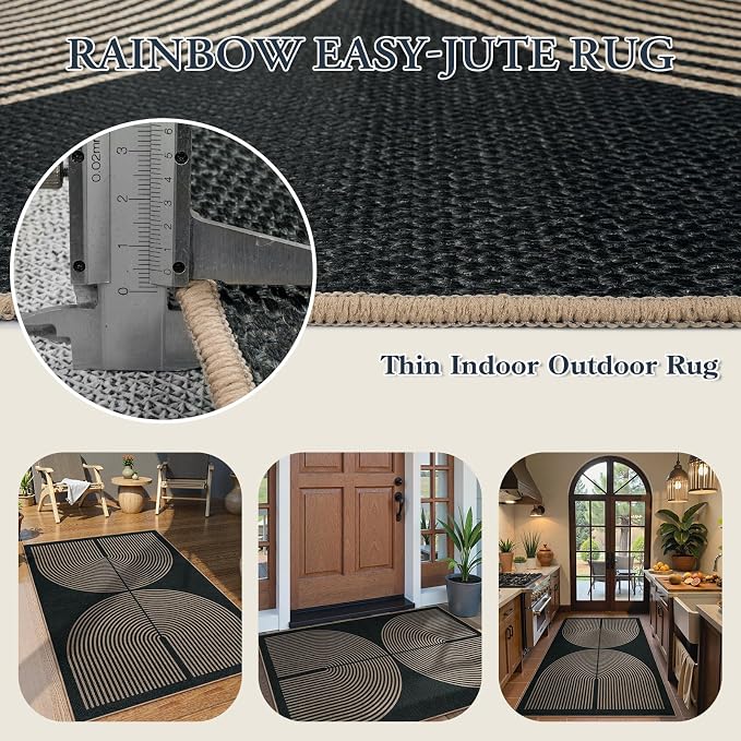 Lahome Enfys Modern Rainbow Easy Jute Outdoor Patio Rug, 3x5 Black Washable Rugs - Image 4