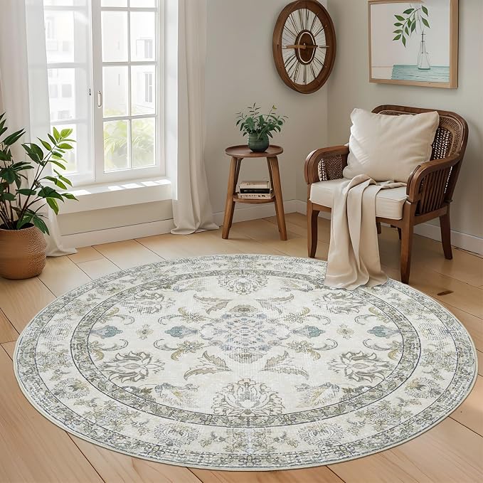 Round 8Ft Washable Area Rug, Vintage Floral Low Pile Non Slip Carpet by Dotiiorug