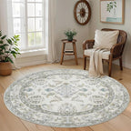Round 6Ft Washable Area Rug, Vintage Floral Low Pile Non Slip Carpet by Dotiiorug