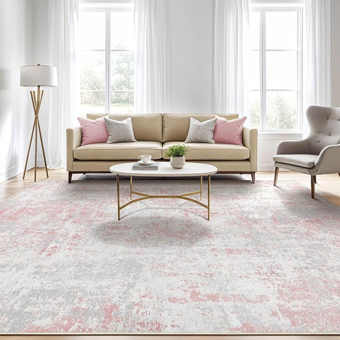 Pink Rug 5x8 Living Room: Washable Large Abstract Neutral Modern Soft Rug Stain - Image 5