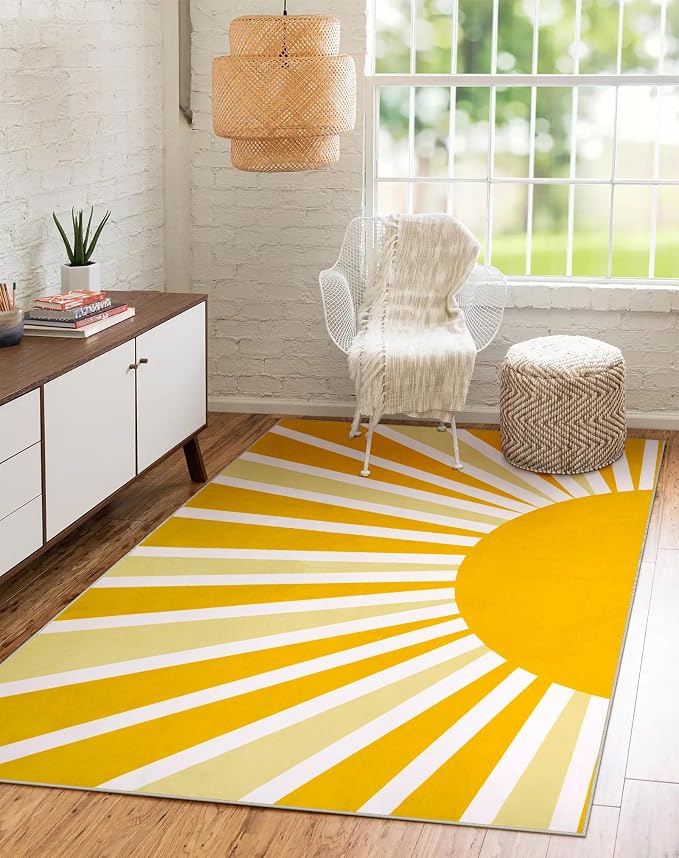Lahome Yellow Rainbow Sun Area Rug: 5'x7' Ultra-Thin Machine Washable & Non-Slip - Image 7