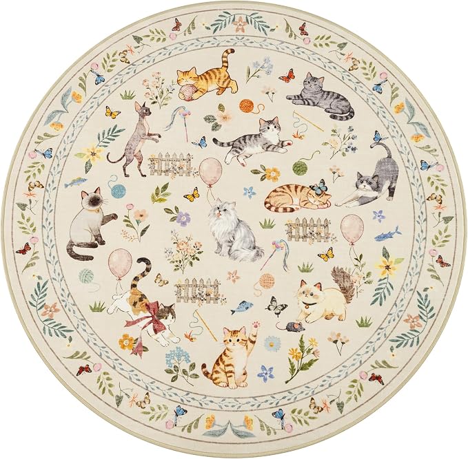 Unirea 4x4 Beige Cat Round Area Rugs, Washable Soft Non Slip Circle Rug - Image 2